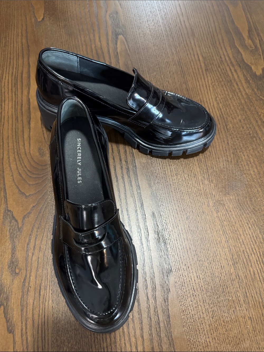 Sincerely Jules Black Patent Faux Leather Lug Sole Penny Loafers